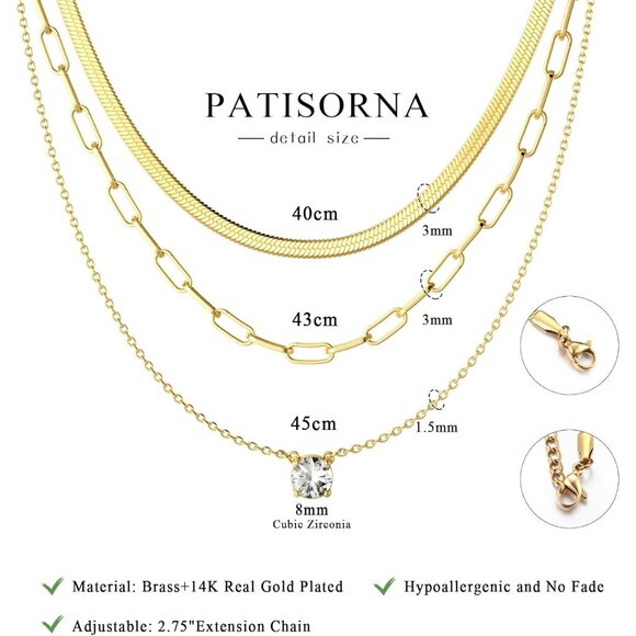 Gold Layered Necklace Set for Women Herringbone Paperclip Chain Pendant Jewelry - Picture 4 of 7